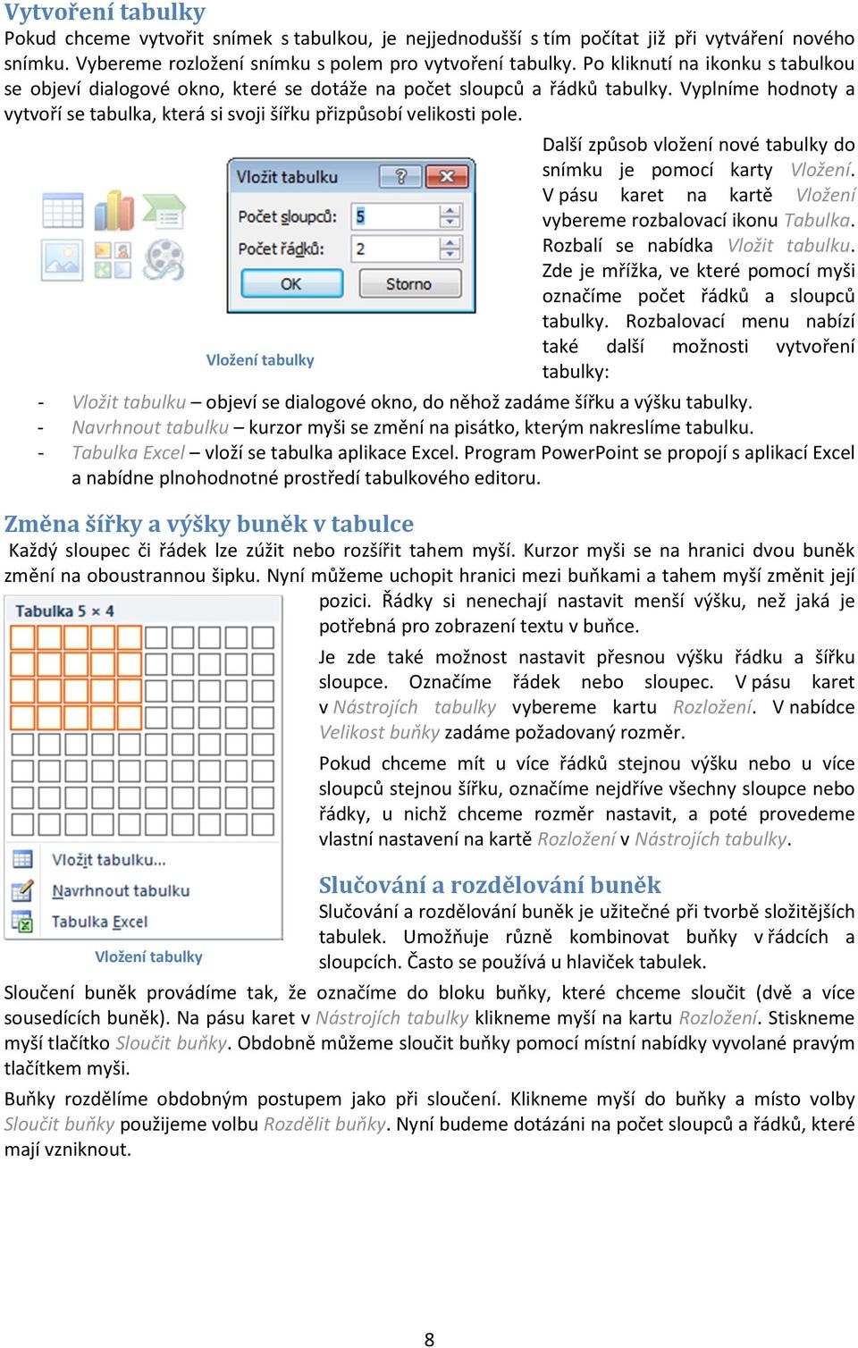 Další způsob vložení nové tabulky do snímku je pomocí karty Vložení. V pásu karet na kartě Vložení vybereme rozbalovací ikonu Tabulka. Rozbalí se nabídka Vložit tabulku.