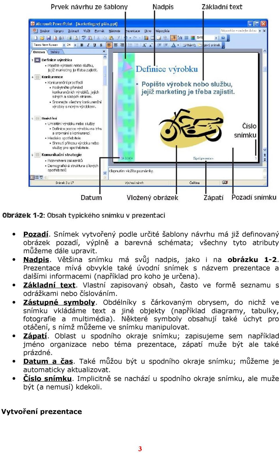 Vlastní zapisovaný obsah, často ve formě seznamu s odrážkami nebo číslováním. Zástupné symboly.