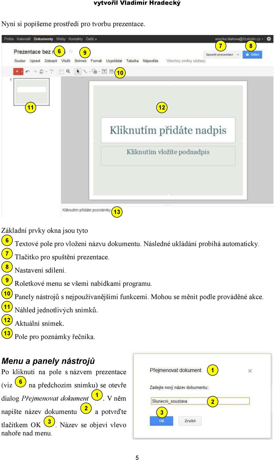 Panely nástrojů s nejpoužívanějšími funkcemi. Mohou se měnit podle prováděné akce. Náhled jednotlivých snímků. Aktuální snímek. Pole pro poznámky řečníka.