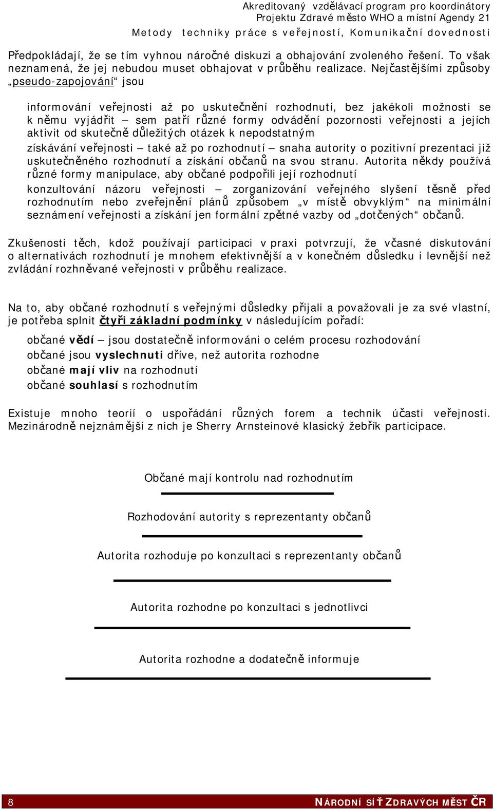 jejích aktivit od skutečně důležitých otázek k nepodstatným získávání veřejnosti také až po rozhodnutí snaha autority o pozitivní prezentaci již uskutečněného rozhodnutí a získání občanů na svou