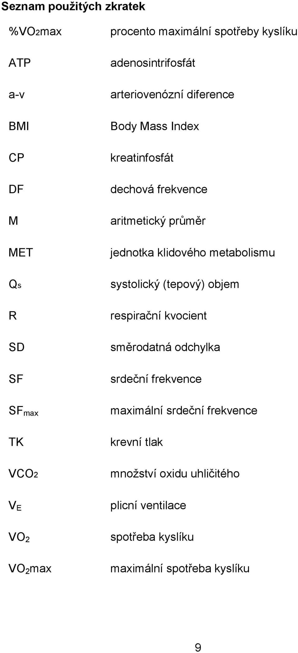 Qs systolický (tepový) objem R SD SF respirační kvocient směrodatná odchylka srdeční frekvence SF max maximální srdeční