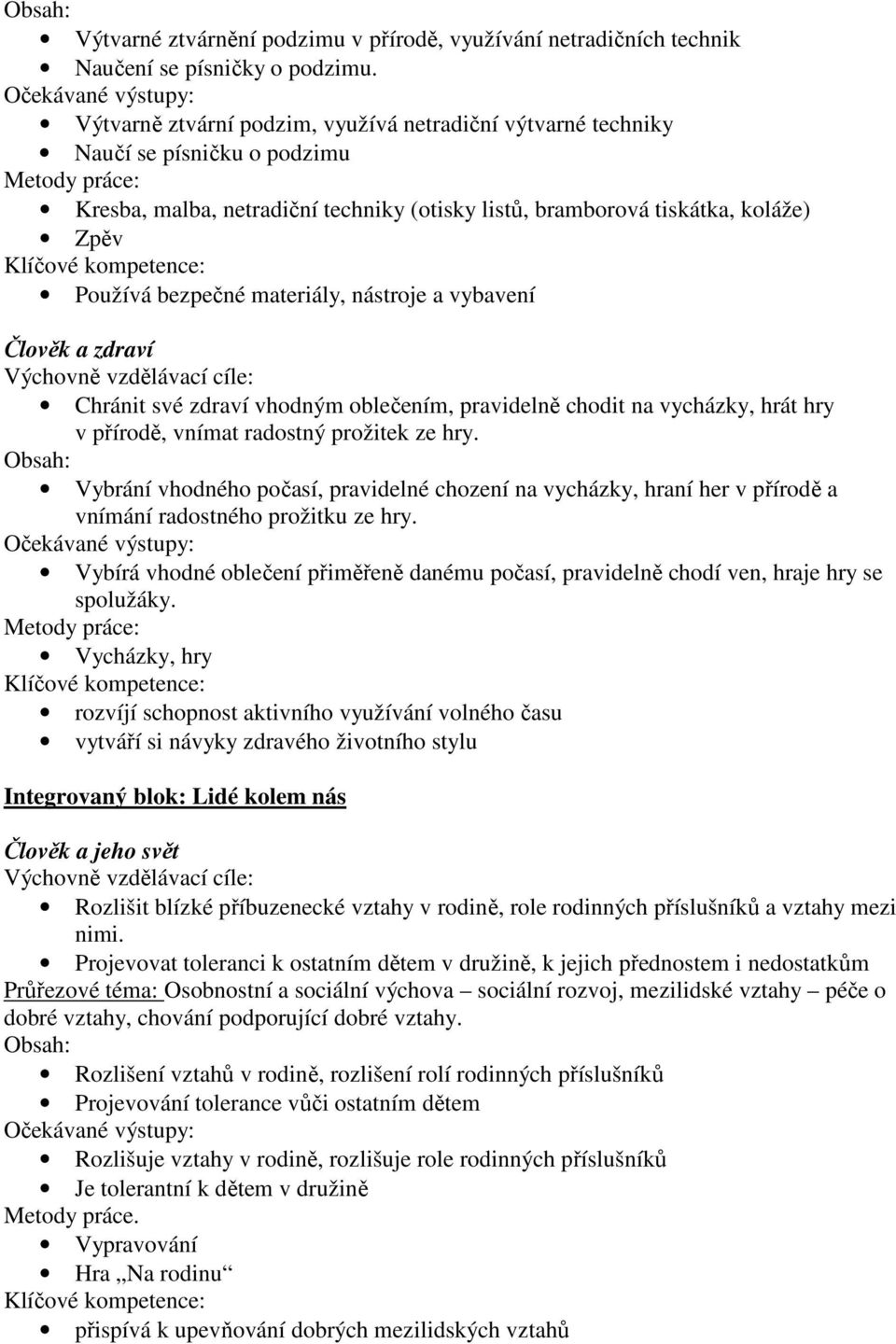 materiály, nástroje a vybavení Člověk a zdraví Chránit své zdraví vhodným oblečením, pravidelně chodit na vycházky, hrát hry v přírodě, vnímat radostný prožitek ze hry.