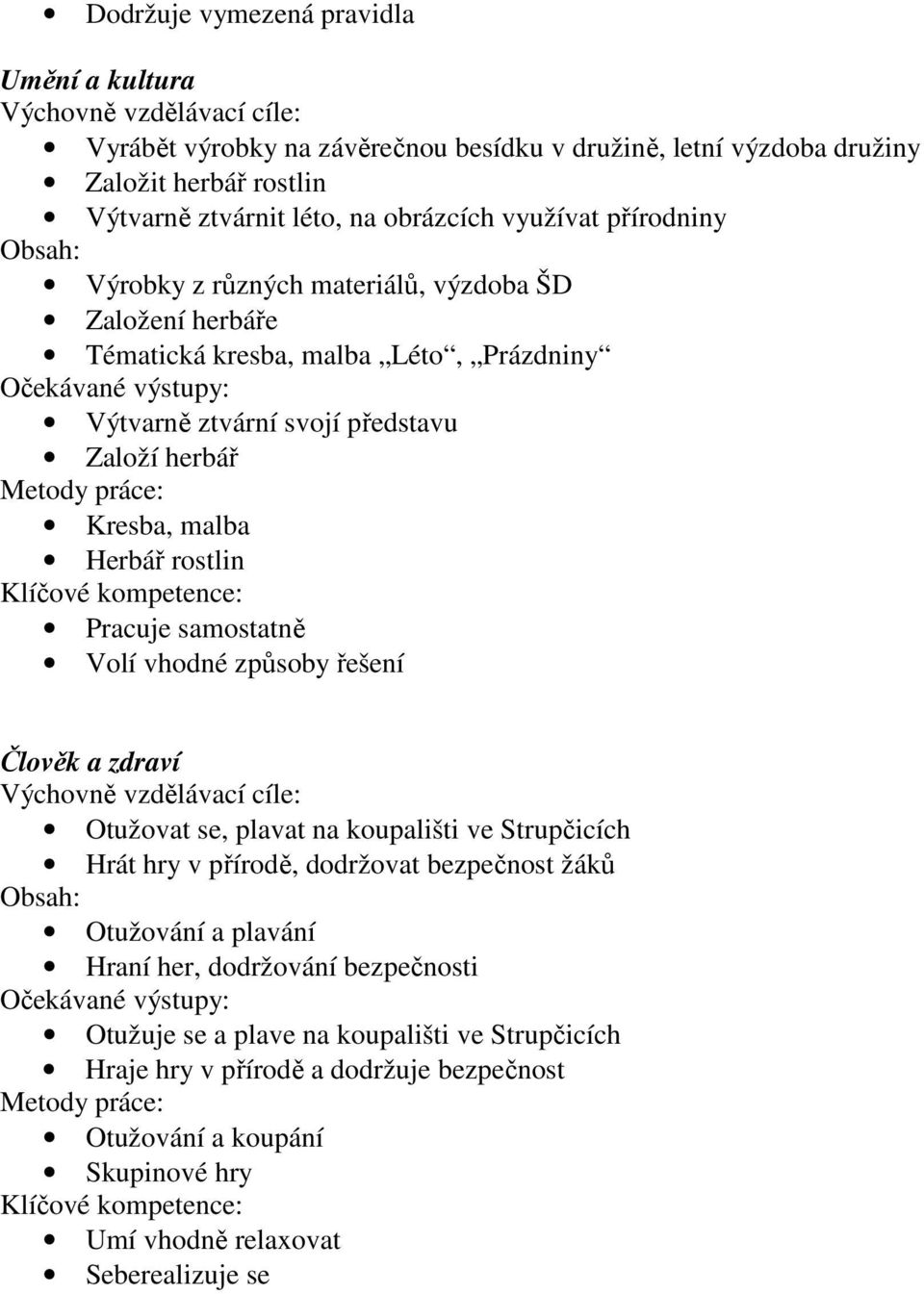 Pracuje samostatně Volí vhodné způsoby řešení Člověk a zdraví Otužovat se, plavat na koupališti ve Strupčicích Hrát hry v přírodě, dodržovat bezpečnost žáků Otužování a plavání Hraní