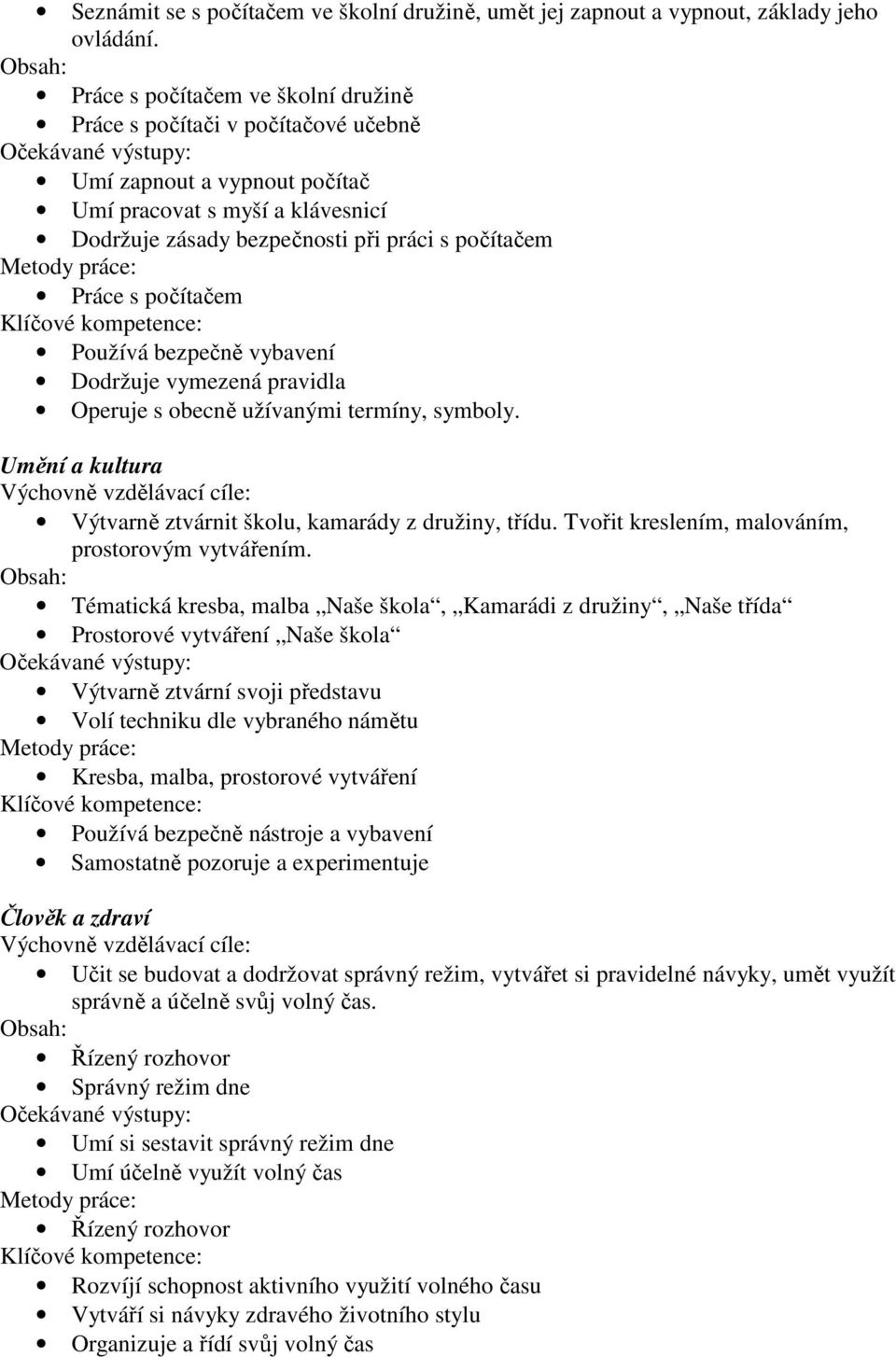 počítačem Používá bezpečně vybavení Dodržuje vymezená pravidla Operuje s obecně užívanými termíny, symboly. Umění a kultura Výtvarně ztvárnit školu, kamarády z družiny, třídu.