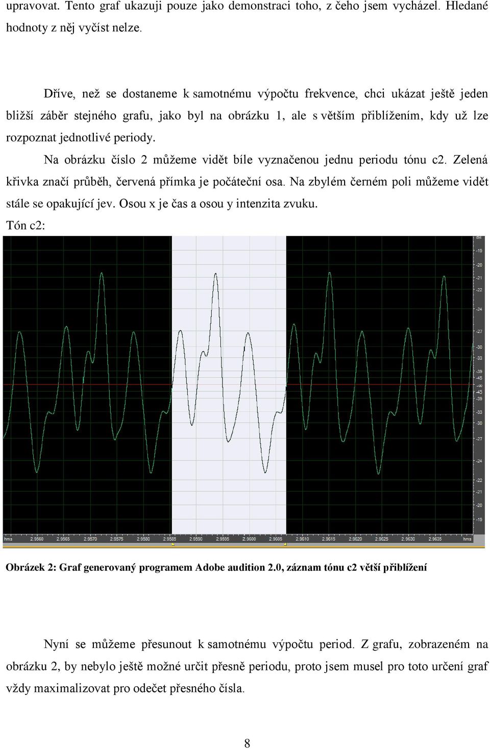 Na obrázku číslo 2 můžeme vidět bíle vyznačenou jednu periodu tónu c2. Zelená křivka značí průběh, červená přímka je počáteční osa. Na zbylém černém poli můžeme vidět stále se opakující jev.