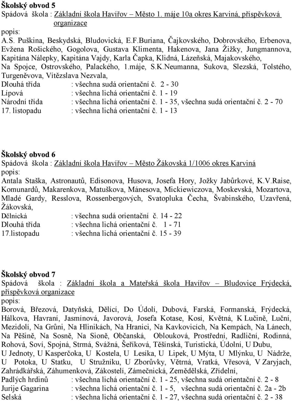 Majakovského, Na Spojce, Ostrovského, Palackého, 1.máje, S.K.Neumanna, Sukova, Slezská, Tolstého, Turgeněvova, Vítězslava Nezvala, Dlouhá třída : všechna sudá orientační č.