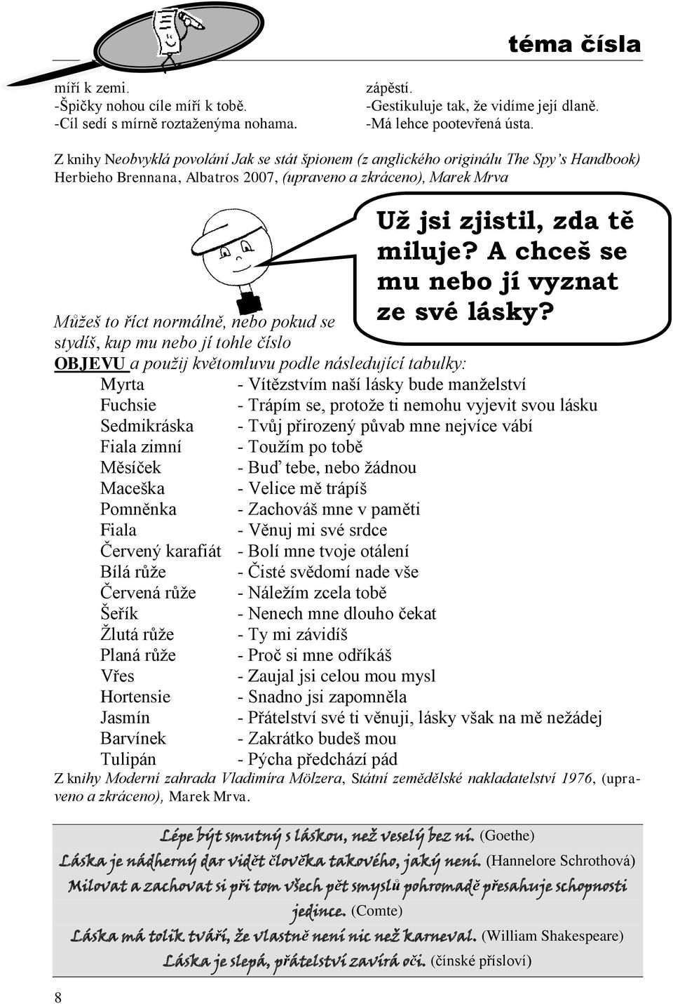 stydíš, kup mu nebo jí tohle číslo OBJEVU a použij květomluvu podle následující tabulky: 8 Myrta - Vítězstvím naší lásky bude manţelství Fuchsie - Trápím se, protoţe ti nemohu vyjevit svou lásku