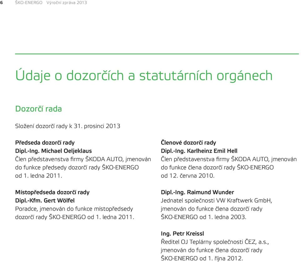 Gert Wölfel Poradce, jmenován do funkce místopředsedy dozorčí rady ŠKO ENERGO od 1. ledna 2011. Členové dozorčí rady Dipl. Ing.