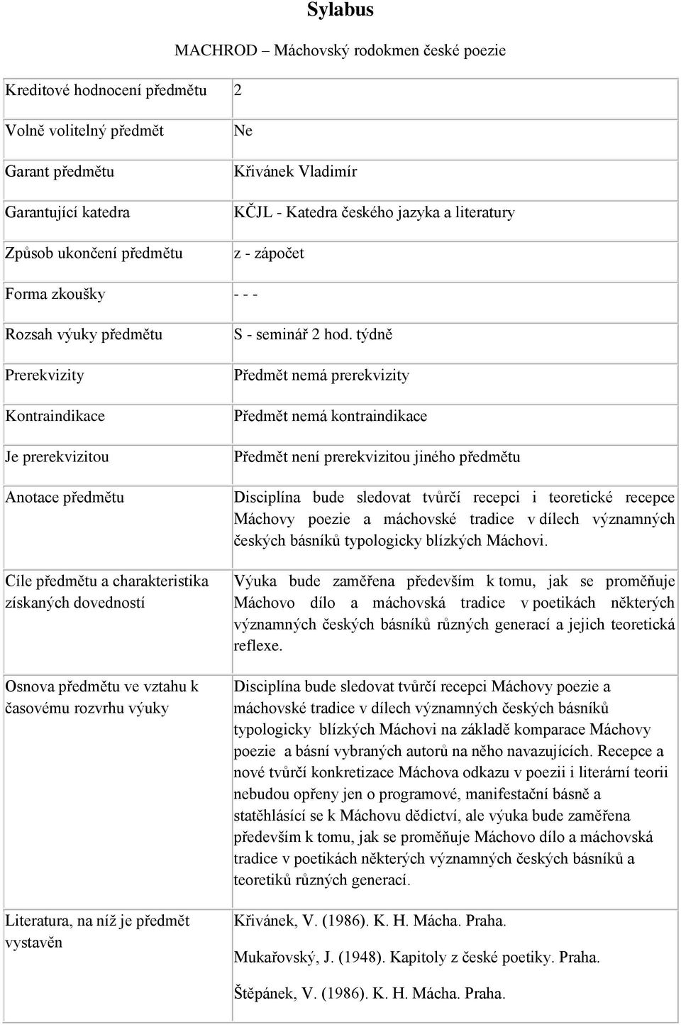 Osnova předmětu ve vztahu k časovému rozvrhu výuky Literatura, na níž je předmět vystavěn S - seminář 2 hod.