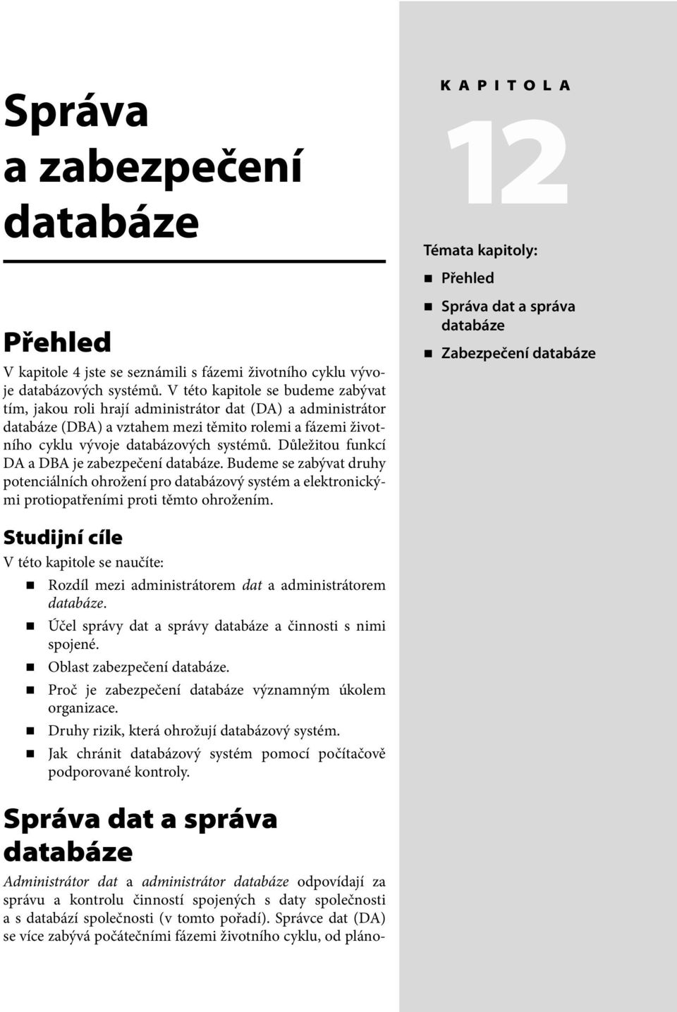 Důležitou funkcí DA a DBA je zabezpečení. Budeme se zabývat druhy potenciálních ohrožení pro databázový systém a elektronickými protiopatřeními proti těmto ohrožením.