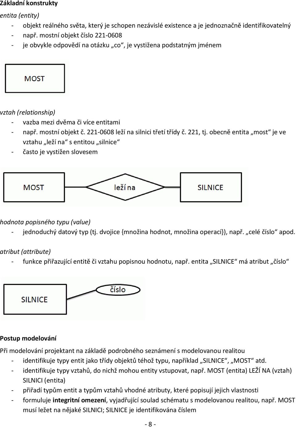 221-0608 leží na silnici třetí třídy č. 221, tj. obecně entita most je ve vztahu leží na s entitou silnice - často je vystižen slovesem hodnota popisného typu (value) - jednoduchý datový typ (tj.