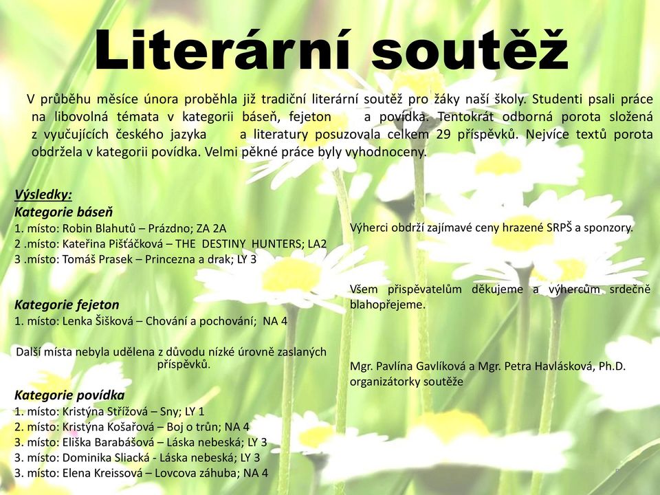 Výsledky: Kategorie báseň 1. místo: Robin Blahutů Prázdno; ZA 2A 2.místo: Kateřina Pišťáčková THE DESTINY HUNTERS; LA2 3.místo: Tomáš Prasek Princezna a drak; LY 3 Kategorie fejeton 1.