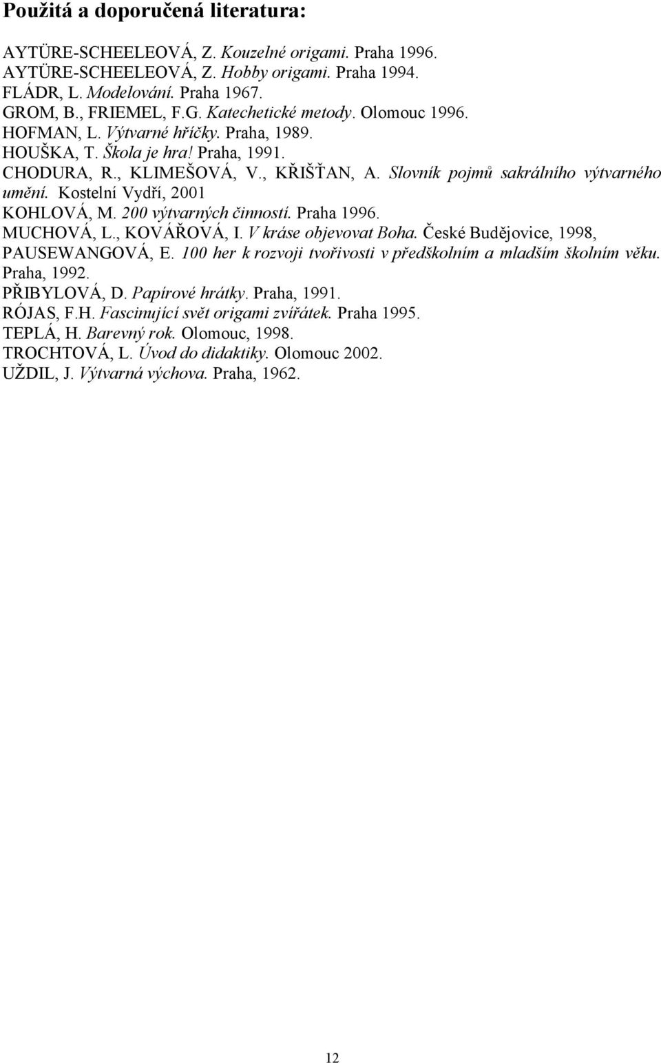 Kostelní Vydří, 2001 KOHLOVÁ, M. 200 výtvarných činností. Praha 1996. MUCHOVÁ, L., KOVÁŘOVÁ, I. V kráse objevovat Boha. České Budějovice, 1998, PAUSEWANGOVÁ, E.