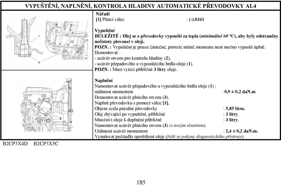 : Vypuštění je pouze částečné, protože měnič momentu není možno vypustit úplně. Demontovat : - uzávěr otvoru pro kontrolu hladiny (2), - uzávěr přepadového a vypouštěcího hrdla oleje (1). POZN.