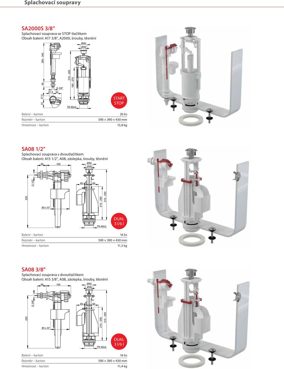 balení: A15 1/2", A08, záslepka, šrouby, těsnění DUAL 3 l/6 l 16 ks 11,5 kg SA08 3/8" Splachovací