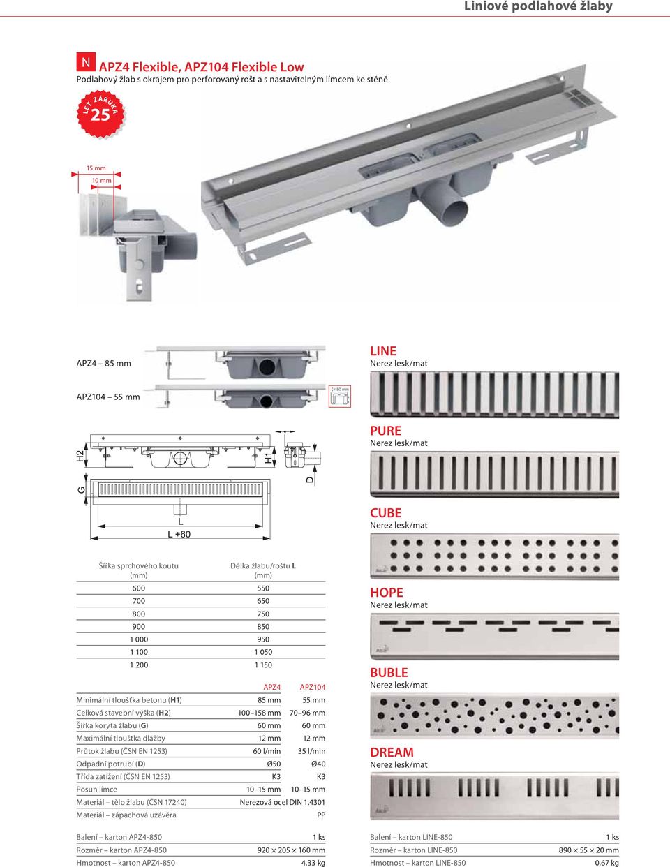 tloušťka betonu (H1) 85 mm 55 mm Celková stavební výška (H2) 100 158 mm 70 96 mm Šířka koryta žlabu (G) 60 mm 60 mm Maximální tloušťka dlažby 12 mm 12 mm žlabu (ČSN EN 1253) 60 l/min 35 l/min Odpadní