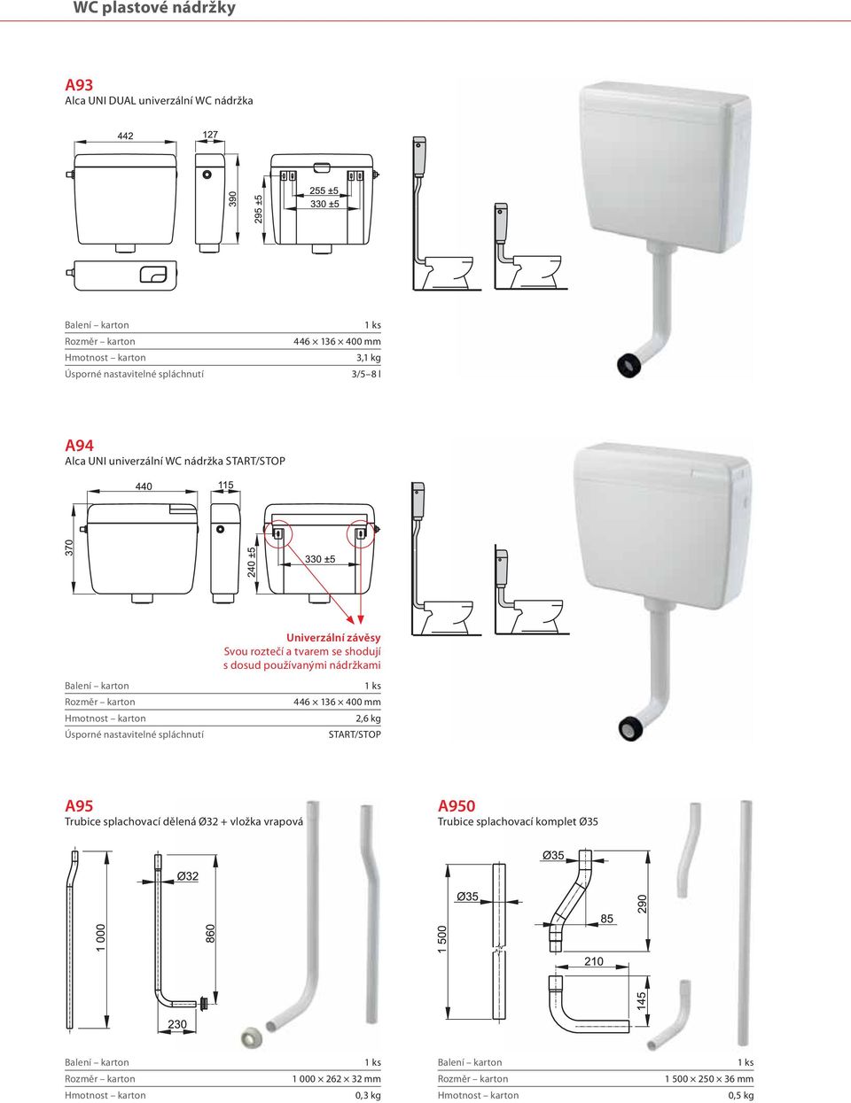 používanými nádržkami Úsporné nastavitelné spláchnutí 446 136 400 mm 2,6 kg START/STOP A95 Trubice splachovací