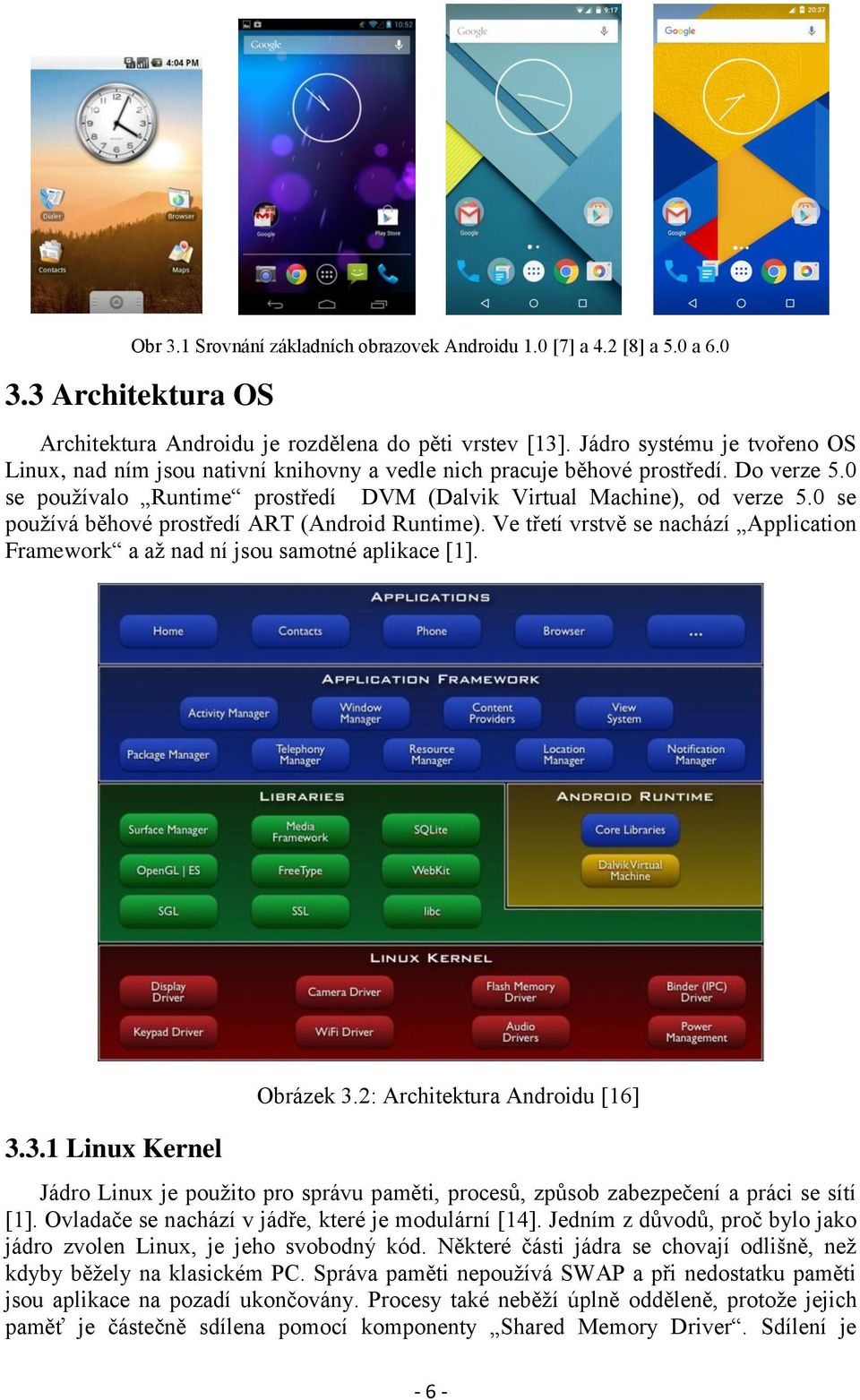 0 se používá běhové prostředí ART (Android Runtime). Ve třetí vrstvě se nachází Application Framework a až nad ní jsou samotné aplikace [1]. 3.3.1 Linux Kernel Obrázek 3.