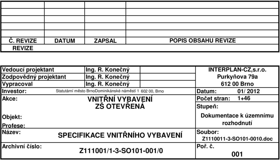 Konečný 612 00 Brno Investor: Statutární město BrnoDominikánské náměstí 1 602 00, Brno Datum: 01/ 2012 Akce: VNITŘNÍ VYBAVENÍ