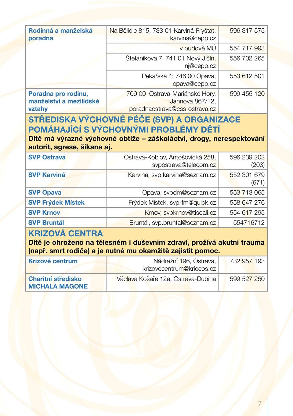 cz SVP Ostrava Ostrava-Koblov, Antošovická 258, svpostrava@telecom.cz 596 239 202 (203) SVP Karviná Karviná, svp.karvina@seznam.cz 552 301 679 (671) SVP Opava Opava, svpdm@seznam.