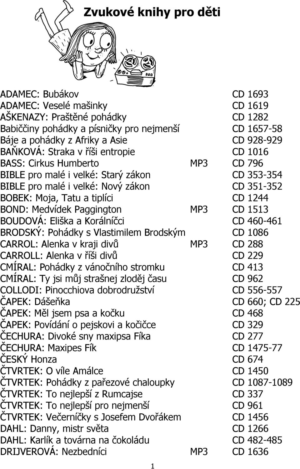 tiplíci CD 1244 BOND: Medvídek Paggington MP3 CD 1513 BOUDOVÁ: Eliška a Korálníčci CD 460-461 BRODSKÝ: Pohádky s Vlastimilem Brodským CD 1086 CARROL: Alenka v kraji divů MP3 CD 288 CARROLL: Alenka v