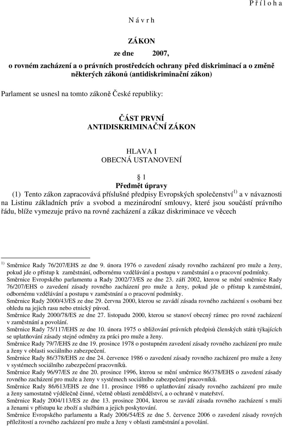 Listinu základních práv a svobod a mezinárodní smlouvy, které jsou součástí právního řádu, blíže vymezuje právo na rovné zacházení a zákaz diskriminace ve věcech 1) Směrnice Rady 76/207/EHS ze dne 9.