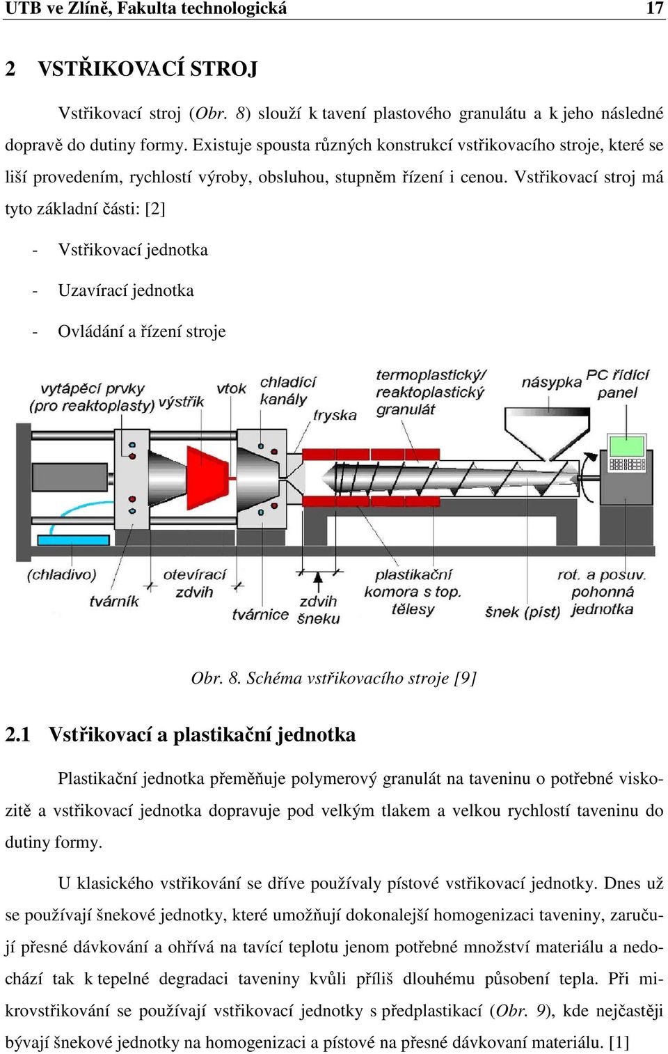 Vstřikovací stroj má tyto základní části: [2] - Vstřikovací jednotka - Uzavírací jednotka - Ovládání a řízení stroje Obr. 8. Schéma vstřikovacího stroje [9] 2.