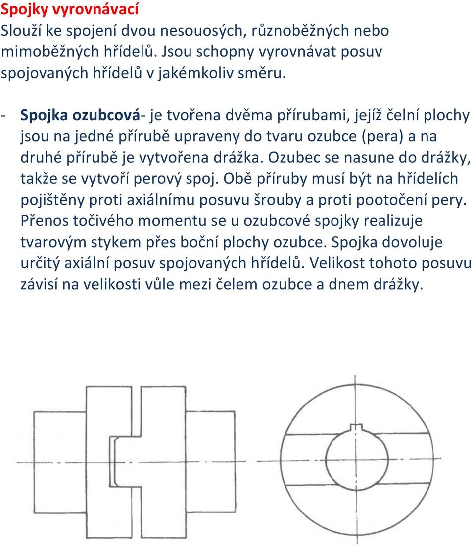 Ozubec se nasune do drážky, takže se vytvoří perový spoj. Obě příruby musí být na hřídelích pojištěny proti axiálnímu posuvu šrouby a proti pootočení pery.