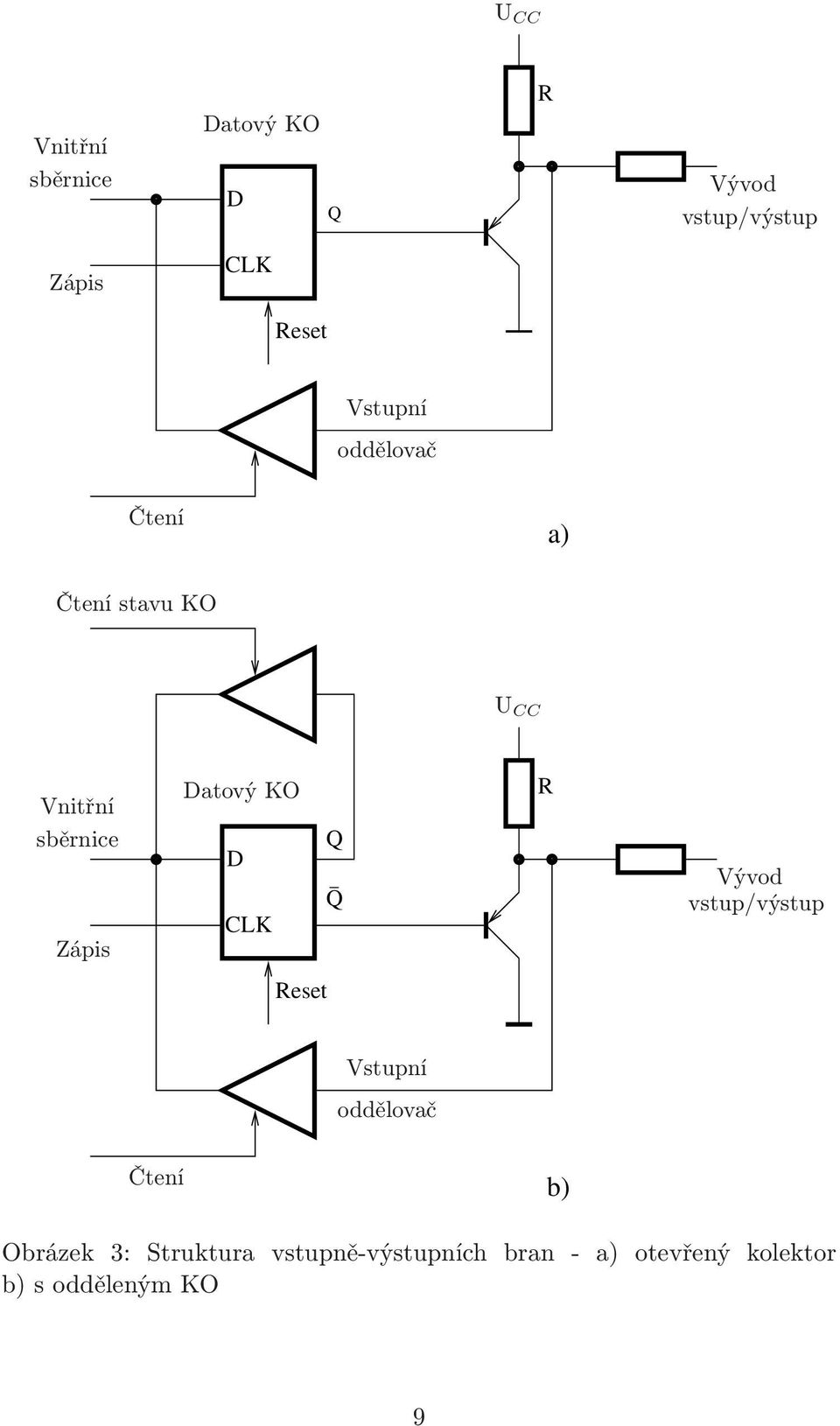 Datový KO D CLK Q _ Q Vývod vstup/výstup eset Vstupní oddělovač Čtení b)