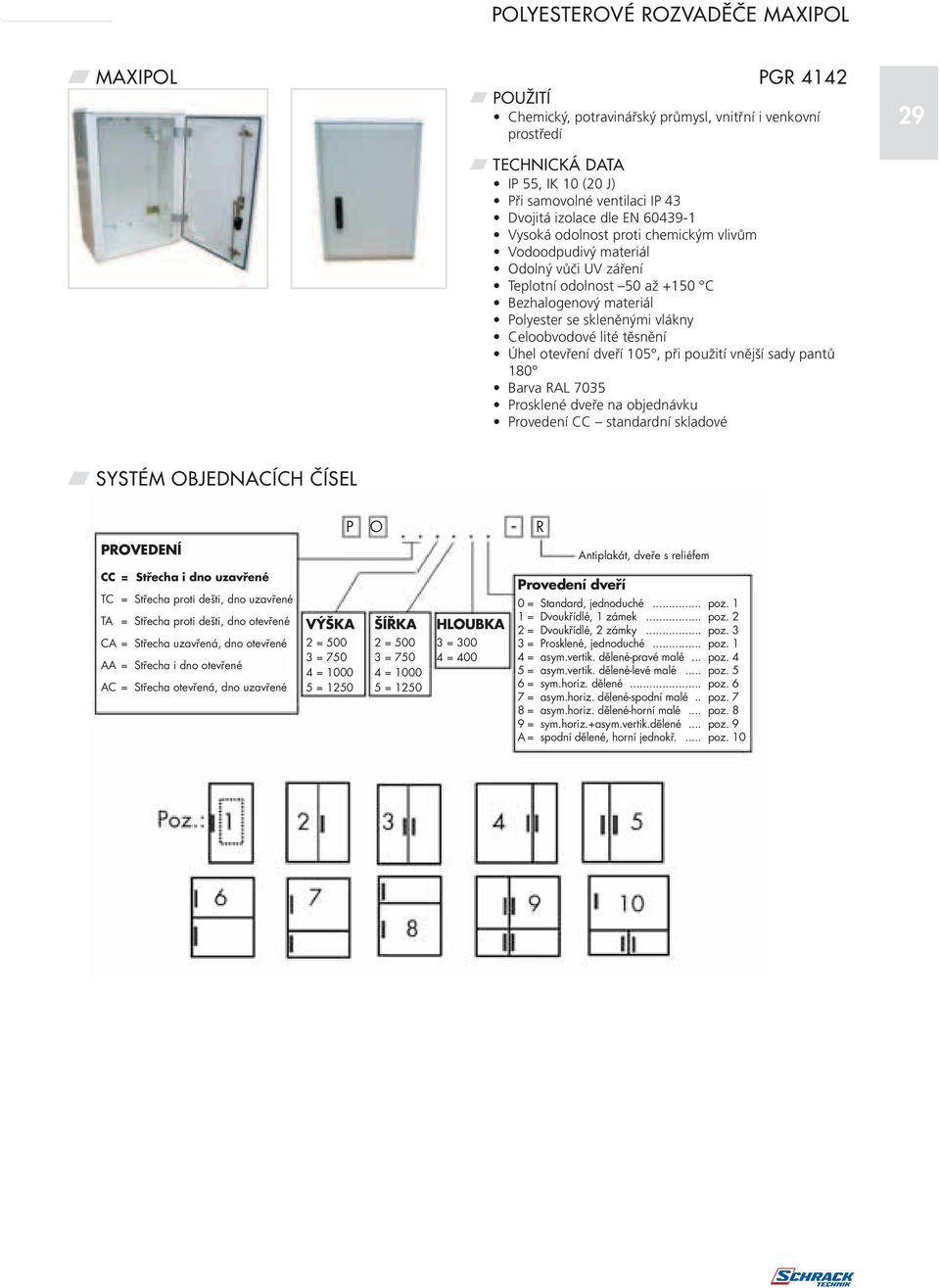 otevření dveří 105, při použití vnější sady pantů 180 Barva RAL 7035 Prosklené dveře na objednávku Provedení CC standardní skladové SYSTÉM OBJEDNACÍCH âísel PROVEDENÍ P O R Antiplakát, dveře s