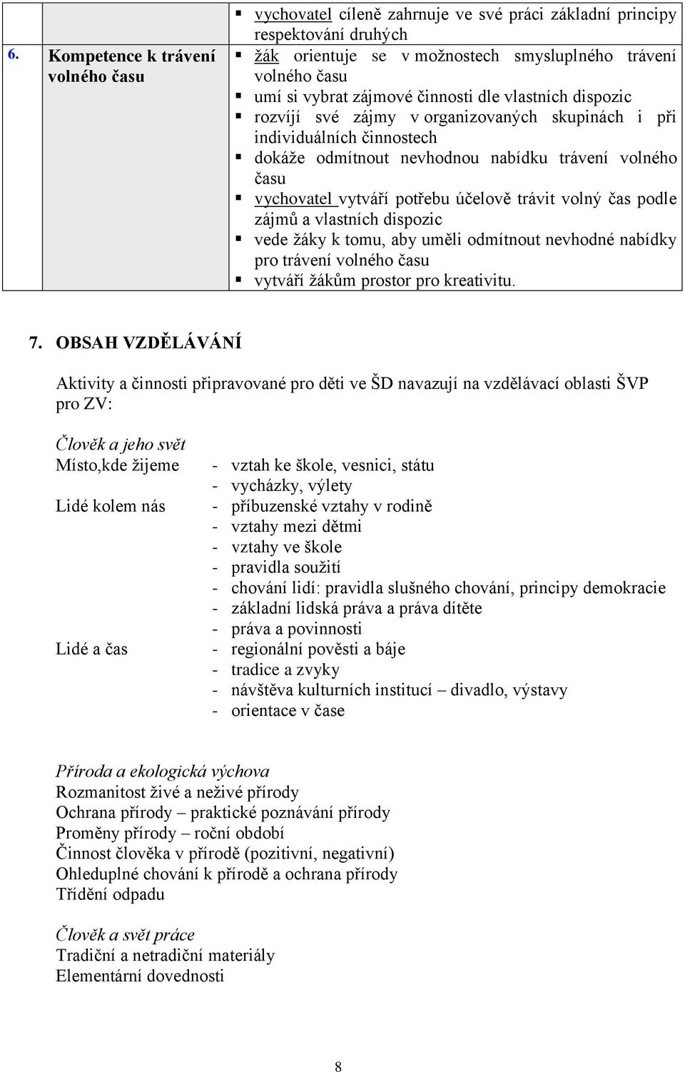 účelově trávit volný čas podle zájmů a vlastních dispozic vede žáky k tomu, aby uměli odmítnout nevhodné nabídky pro trávení volného času vytváří žákům prostor pro kreativitu. 7.