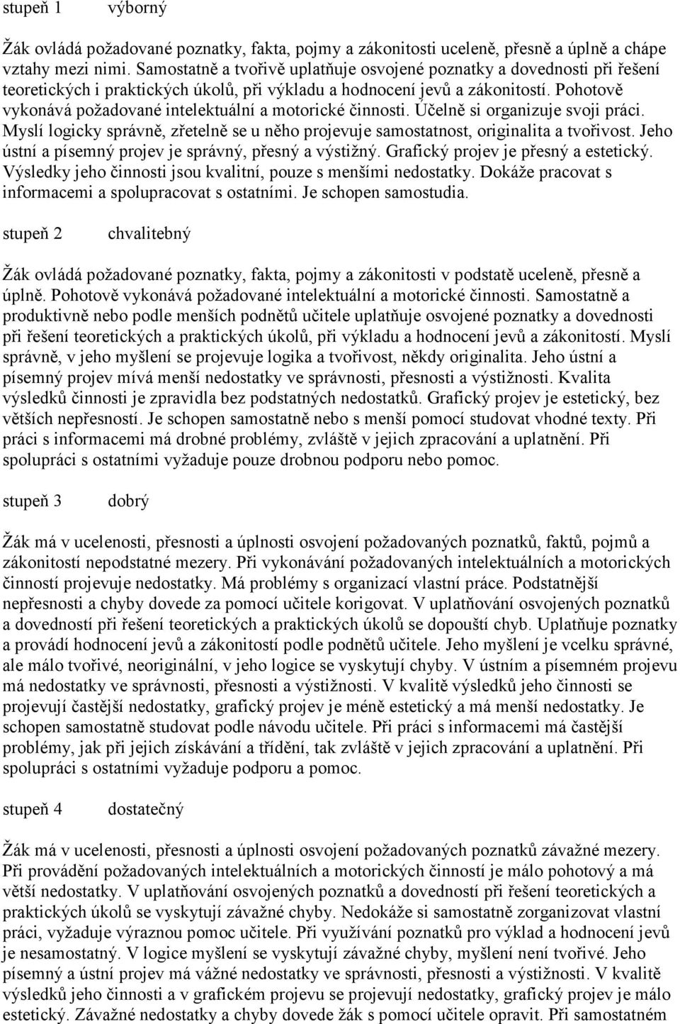 Pohotově vykonává požadované intelektuální a motorické činnosti. Účelně si organizuje svoji práci. Myslí logicky správně, zřetelně se u něho projevuje samostatnost, originalita a tvořivost.