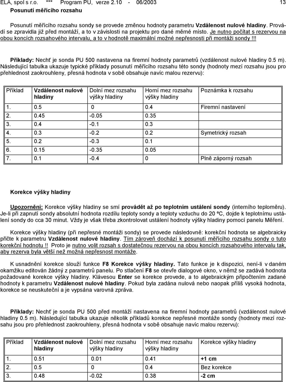 Je nutno počítat s rezervou na obou koncích rozsahového intervalu, a to v hodnotě maximální možné nepřesnosti při montáži sondy!