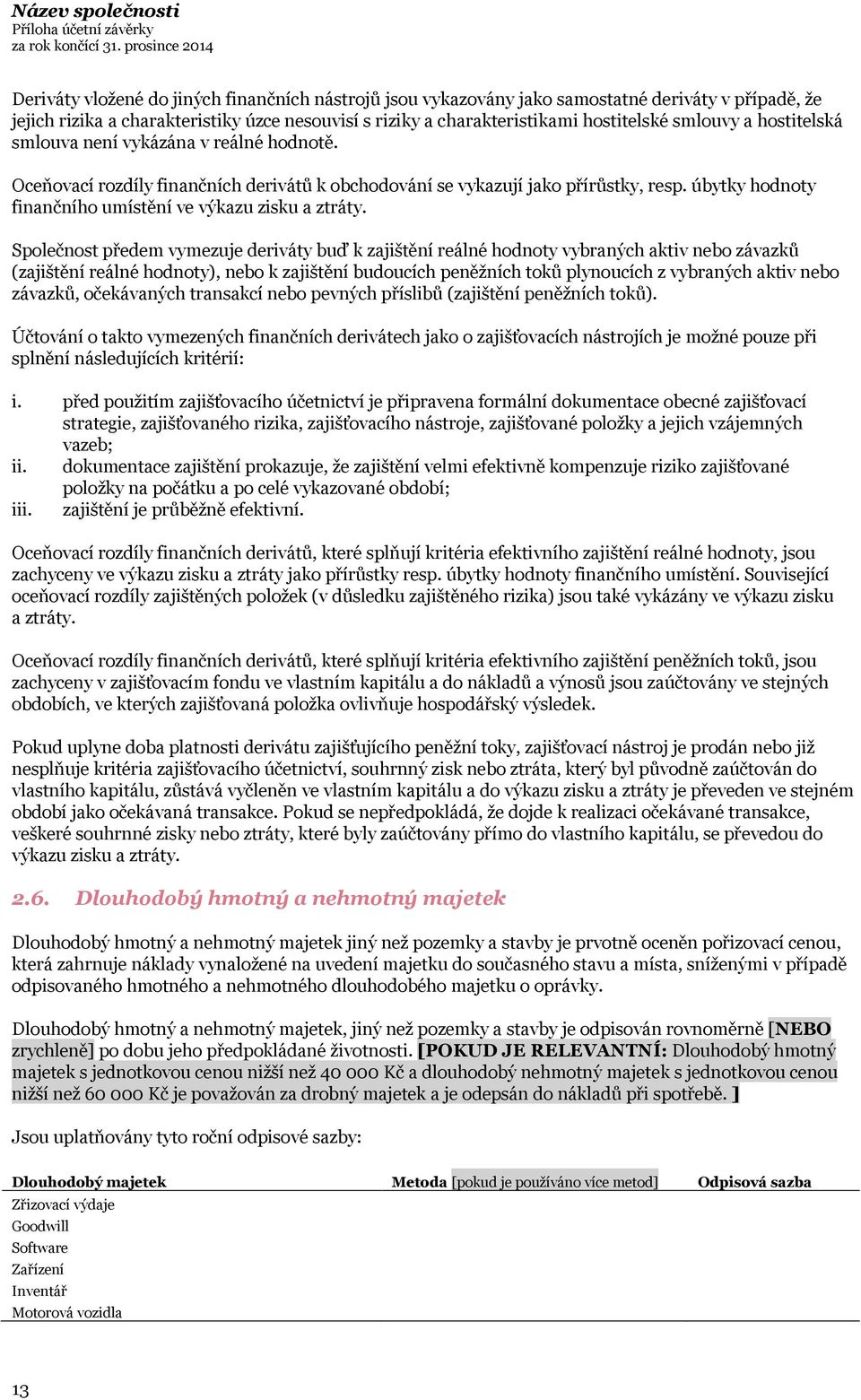 Společnost předem vymezuje deriváty buď k zajištění reálné hodnoty vybraných aktiv nebo závazků (zajištění reálné hodnoty), nebo k zajištění budoucích peněžních toků plynoucích z vybraných aktiv nebo