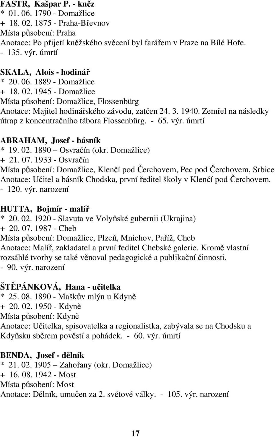 Zemřel na následky útrap z koncentračního tábora Flossenbürg. - 65. výr. úmrtí ABRAHAM, Josef - básník * 19. 02. 1890 Osvračín (okr. Domažlice) + 21. 07.