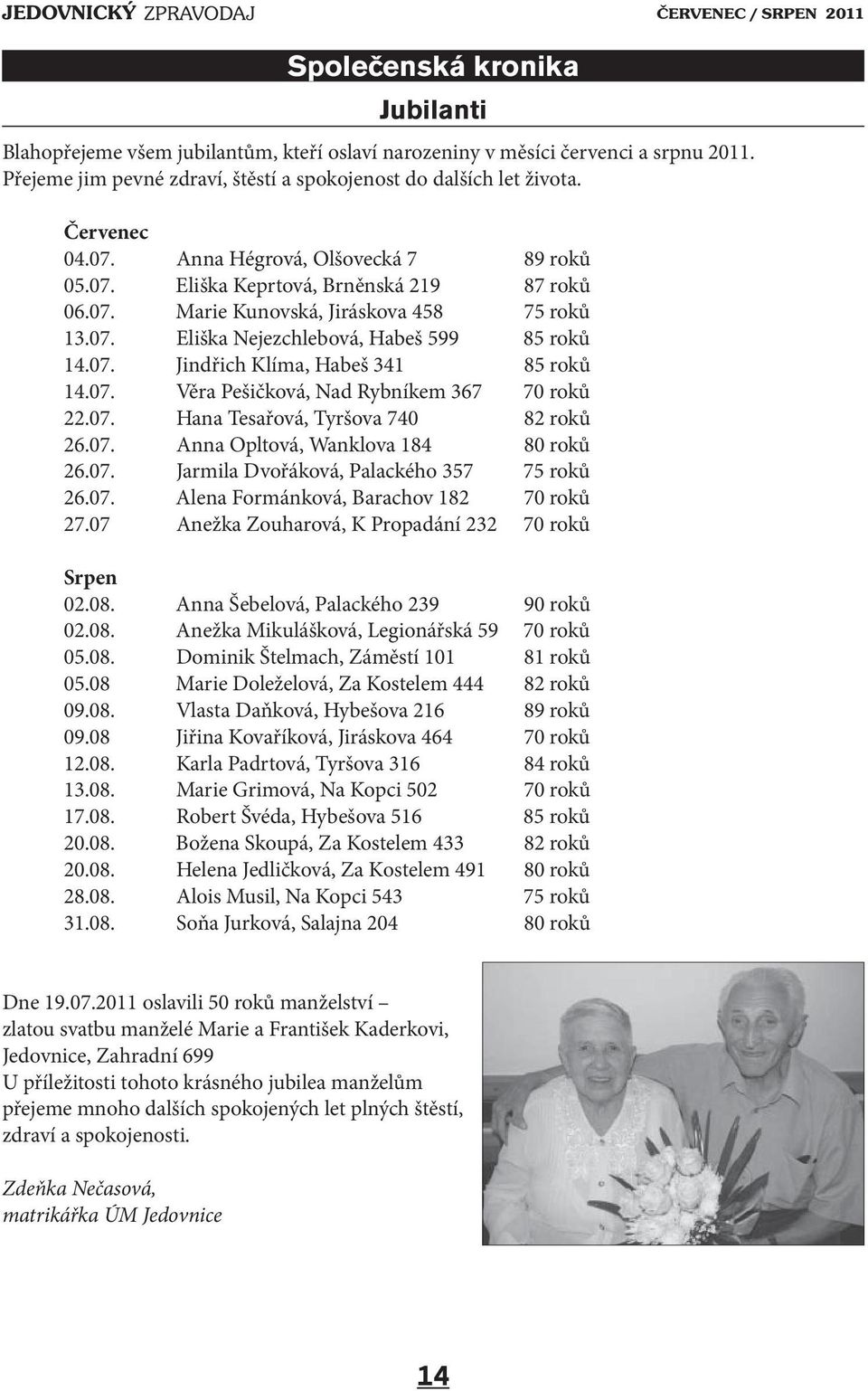 07. Věra Pešičková, Nad Rybníkem 367 70 roků 22.07. Hana Tesařová, Tyršova 740 82 roků 26.07. Anna Opltová, Wanklova 184 80 roků 26.07. Jarmila Dvořáková, Palackého 357 75 roků 26.07. Alena Formánková, Barachov 182 70 roků 27.