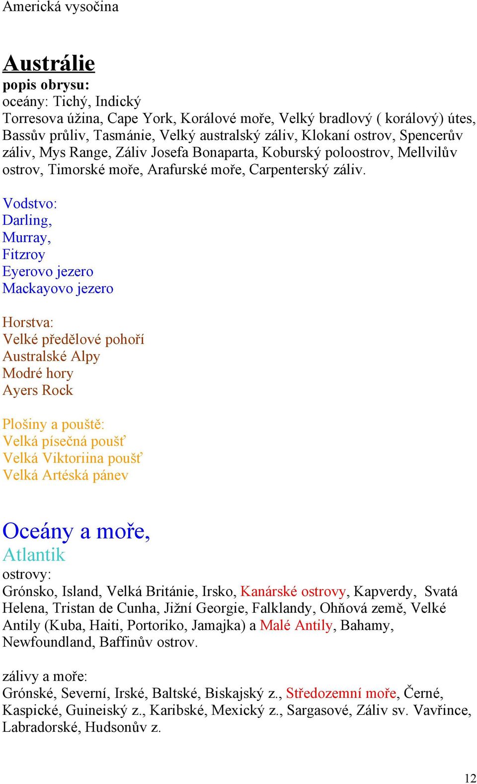 Vodstvo: Darling, Murray, Fitzroy Eyerovo jezero Mackayovo jezero Horstva: Velké předělové pohoří Australské Alpy Modré hory Ayers Rock Plošiny a pouště: Velká písečná poušť Velká Viktoriina poušť