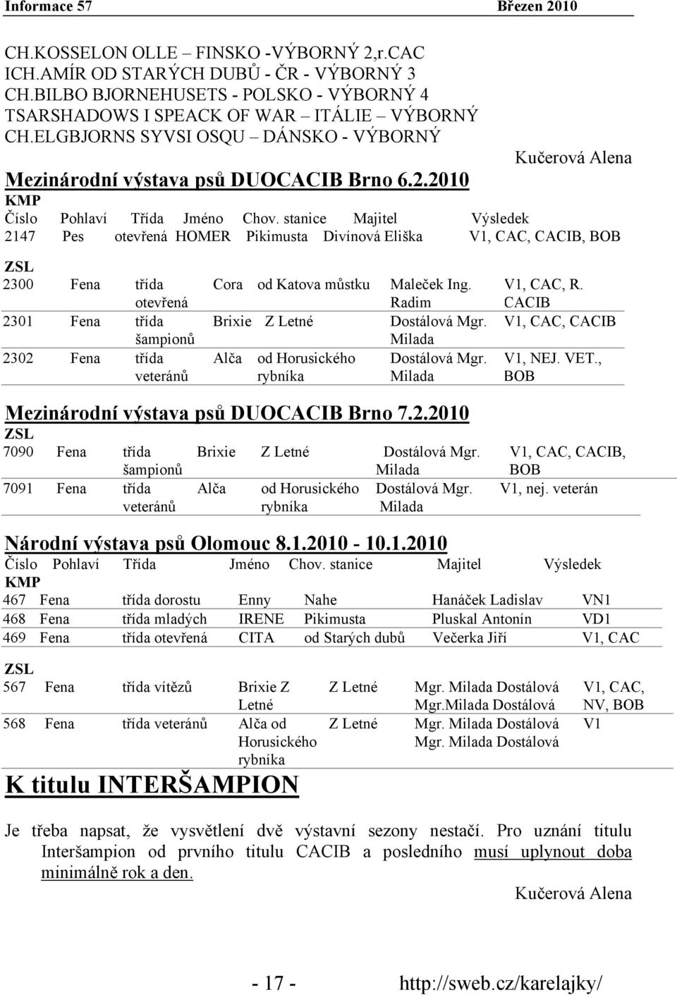 stanice Majitel Výsledek 2147 Pes otevřená HOMER Pikimusta Divínová Eliška V1, CAC, CACIB, BOB ZSL 2300 Fena třída otevřená 2301 Fena třída šampionů 2302 Fena třída veteránů Cora od Katova můstku