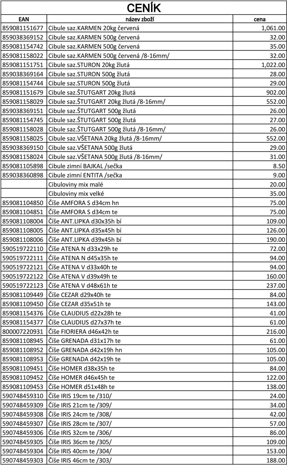 00 859081151679 Cibule saz.štutgart 20kg žlutá 902.00 859081158029 Cibule saz.štutgart 20kg žlutá /8-16mm/ 552.00 859038369151 Cibule saz.štutgart 500g žlutá 26.00 859081154745 Cibule saz.