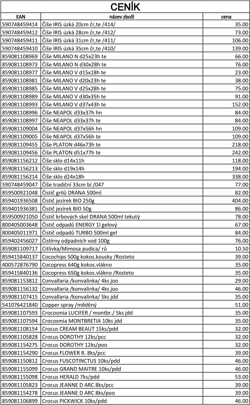 00 859081108981 Číše MILANO V d20x23h te 38.00 859081108985 Číše MILANO V d25x28h te 75.00 859081108989 Číše MILANO V d30x35h te 91.00 859081108993 Číše MILANO V d37x43h te 152.