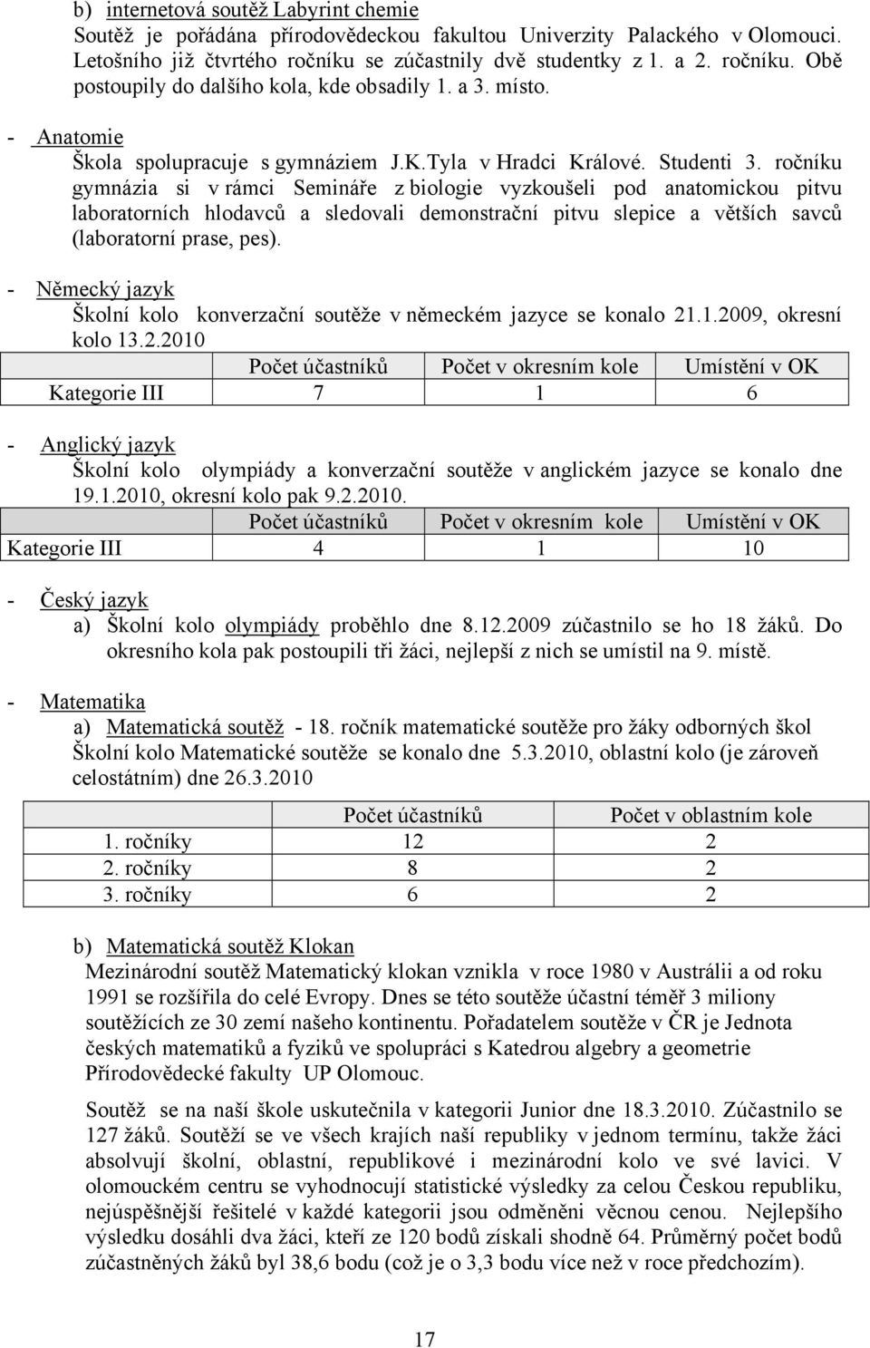 ročníku gymnázia si v rámci Semináře z biologie vyzkoušeli pod anatomickou pitvu laboratorních hlodavců a sledovali demonstrační pitvu slepice a větších savců (laboratorní prase, pes).