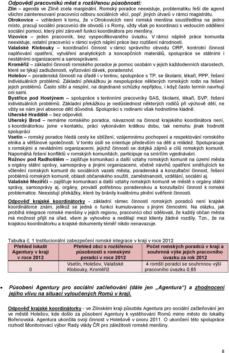 pomoci, který plní zároveň funkci koordinátora pro menšiny. Vizovice jeden pracovník, bez vyspecifikovaného úvazku.