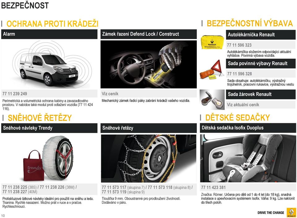 Sada povinné výbavy Renault 77 11 596 328 Sada obsahuje: autolékárničku, výstražný trojúhelník, pracovní rukavice, výstražnou vestu 77 11 239 249 Perimetrická a volumetrická ochrana kabiny a