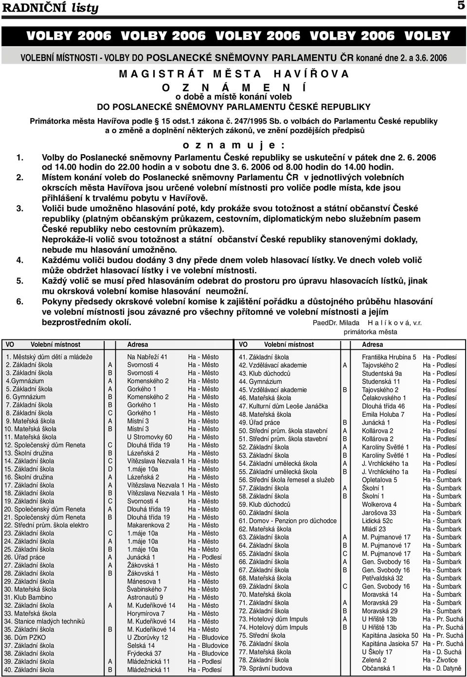 1 zákona č. 247/1995 Sb. o volbách do Parlamentu České republiky a o změně a doplnění některých zákonů, ve znění pozdějších předpisů o z n a m u j e : 1.