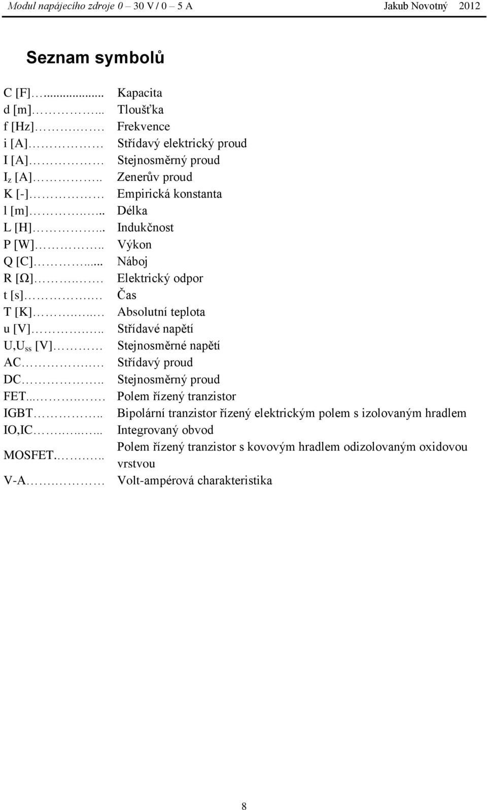 .. Absolutní teplota u [V]... Střídavé napětí U,U ss [V] Stejnosměrné napětí AC.. Střídavý proud DC.. Stejnosměrný proud FET..... Polem řízený tranzistor IGBT.