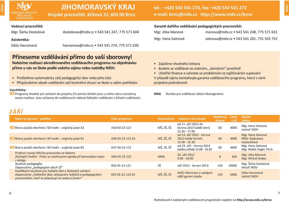 cz 543 541 248, 775 571 631 Asistentka: Mgr. Hana Saitzová saitzova@nidv.cz 543 541 201, 731 503 732 Dáša Havranová havranova@nidv.