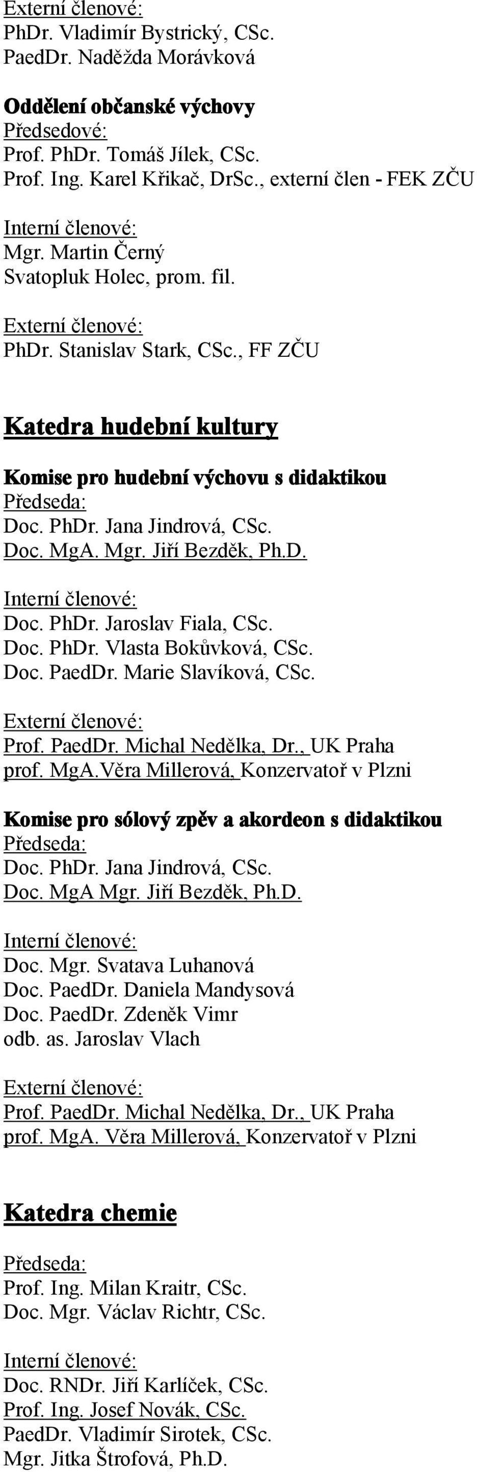 Jiří Bezděk, Ph.D. Doc. PhDr. Jaroslav Fiala, CSc. Doc. PhDr. Vlasta Bokůvková, CSc. Doc. PaedDr. Marie Slavíková, CSc. Prof. PaedDr. Michal Nedělka, Dr., UK Praha prof. MgA.