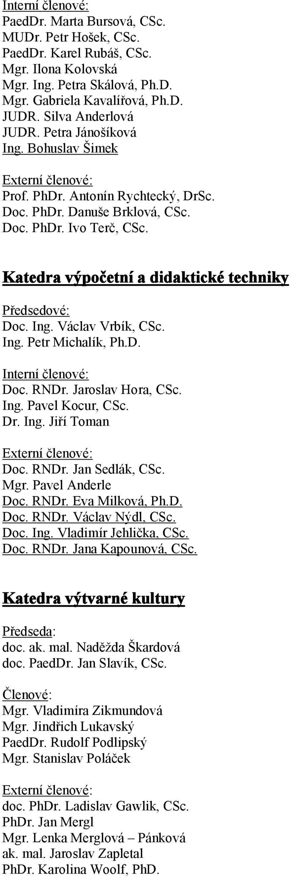 Ing. Petr Michalík, Ph.D. Doc. RNDr. Jaroslav Hora, CSc. Ing. Pavel Kocur, CSc. Dr. Ing. Jiří Toman Doc. RNDr. Jan Sedlák, CSc. Mgr. Pavel Anderle Doc. RNDr. Eva Milková, Ph.D. Doc. RNDr. Václav Nýdl, CSc.