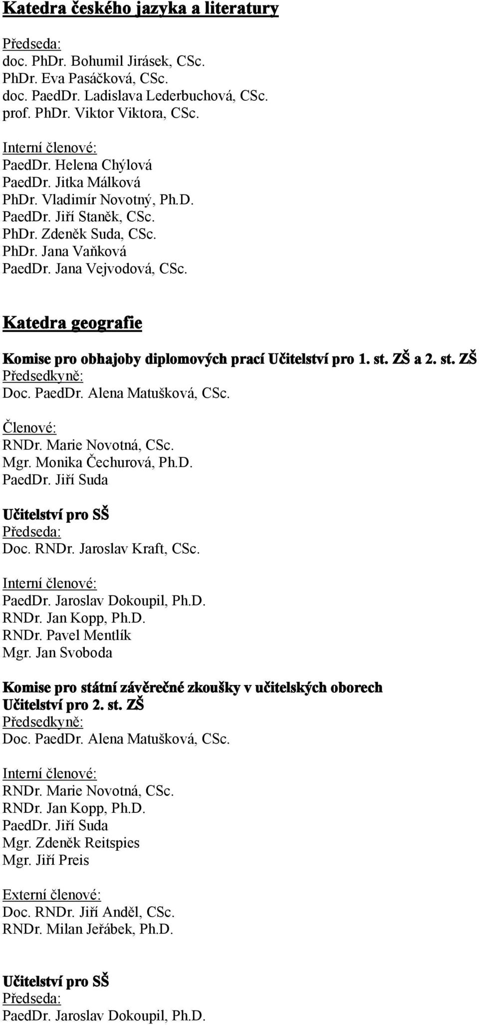 st. ZŠ Předsedkyně: Doc. PaedDr. Alena Matušková, CSc. Členové: RNDr. Marie Novotná, CSc. Mgr. Monika Čechurová, Ph.D. PaedDr. Jiří Suda Učitelství pro SŠ Doc. RNDr. Jaroslav Kraft, CSc. PaedDr. Jaroslav Dokoupil, Ph.