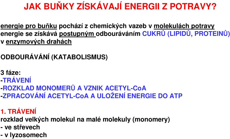 odbouráváním CUKRŮ (LIPIDŮ, PROTEINŮ) v enzymových drahách ODBOURÁVÁNÍ (KATABOLISMUS) 3 fáze: -TRÁVENÍ